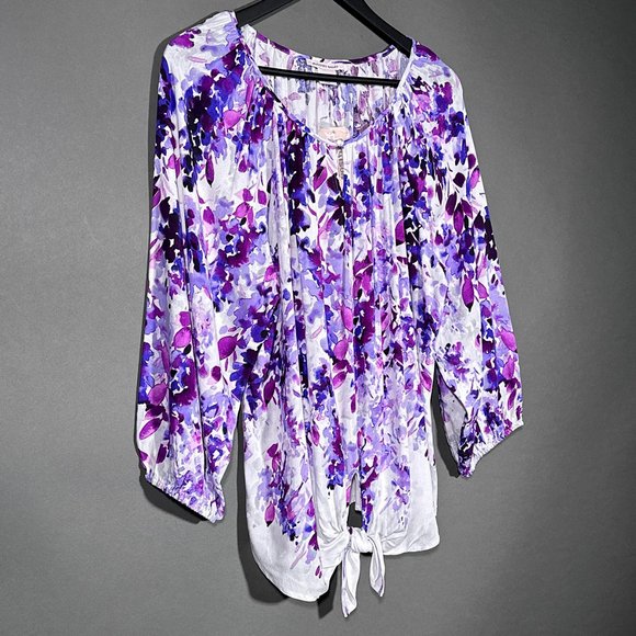 NWT Allison Daley‎ Floral Print Tie Hem 3/4 Sleeve Keyhole Neck Top Size L - Picture 1 of 14